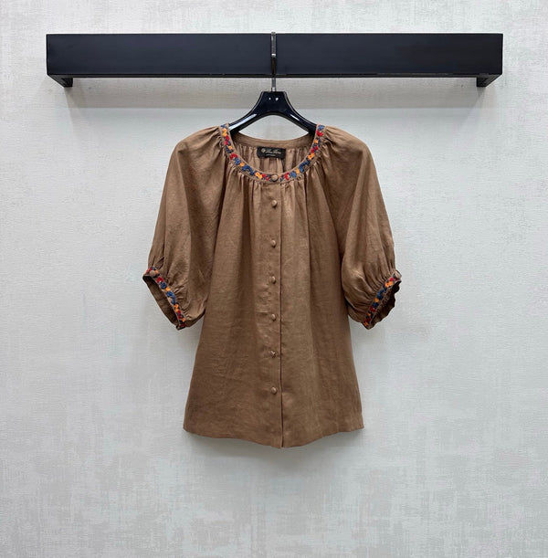 LP Colorful Embroidered Lantern Sleeve Shirt Brown in Linen 375374