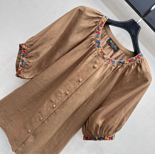 LP Colorful Embroidered Lantern Sleeve Shirt Brown in Linen 375374