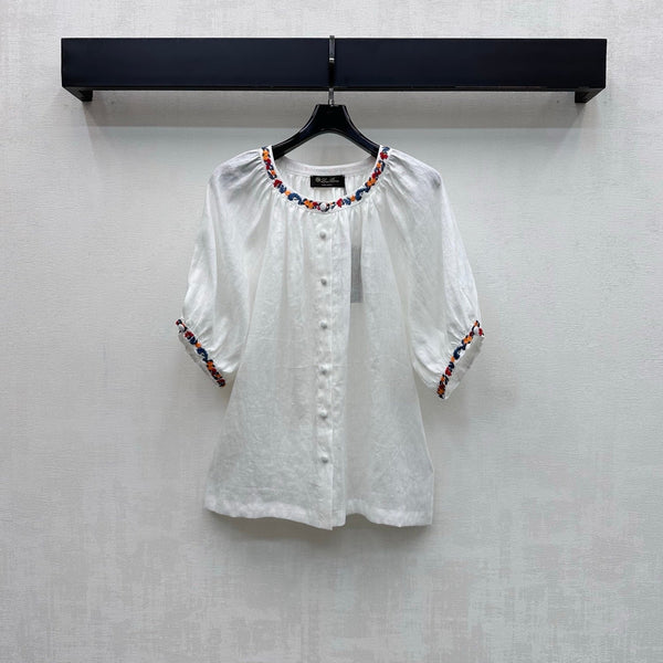 LP Colorful Embroidered Lantern Sleeve Shirt White in Linen 375372