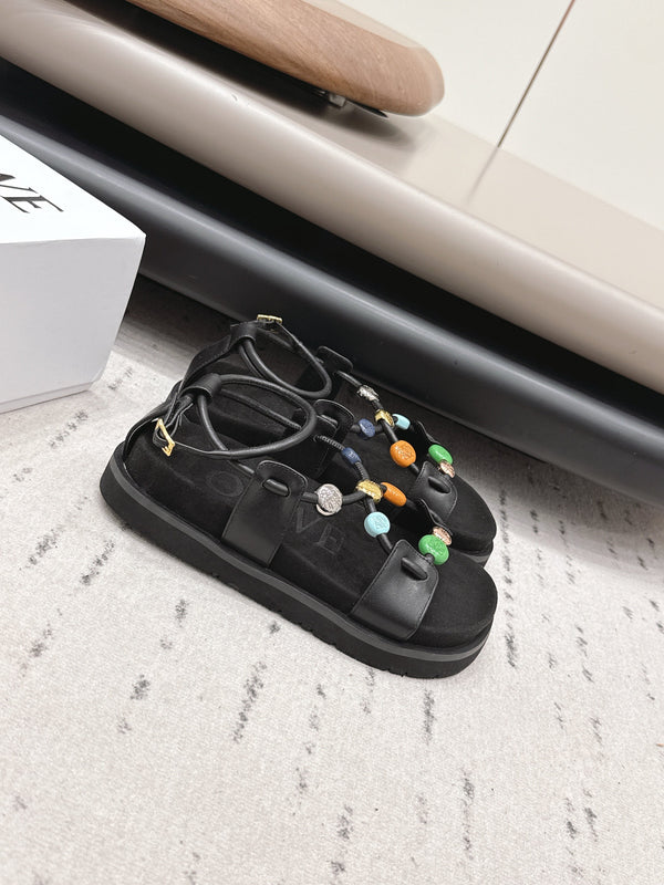 Loewe x Paula's Ibiza Anagram Pebble Bead Sandals Black in Sheepskin 738797