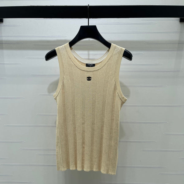 Chanel 2026 Vertical Ribbed Crew Neck Knit Vest Beige in Knit Fabric 376040