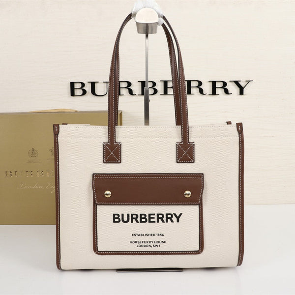 Burberry Freya Tote Bag 33cm Ivory Brown in Cowhide
