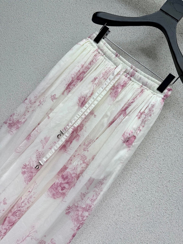 Dior Pink Floral Print Elastic Waist Midi Skirt in Cotton 376601