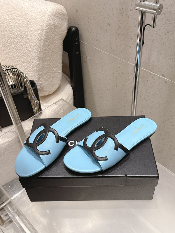 Chanel Double C Flat Slip-on Sandals Blue in Lambskin 740704