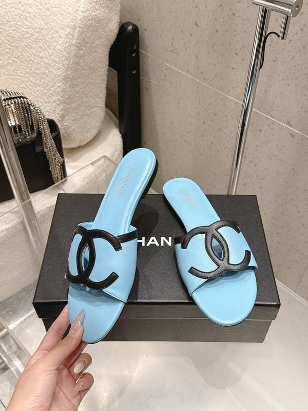 Chanel Double C Flat Slip-on Sandals Blue in Lambskin 740704