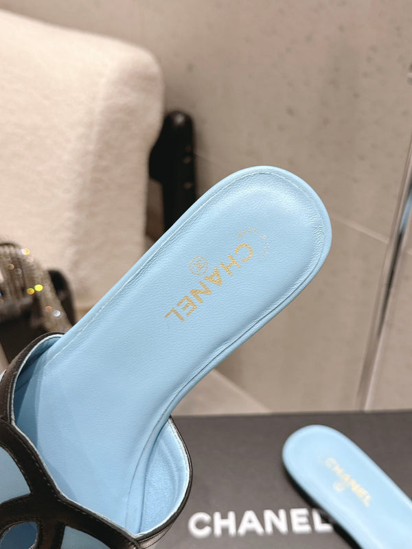 Chanel Double C Flat Slip-on Sandals Blue in Lambskin 740704