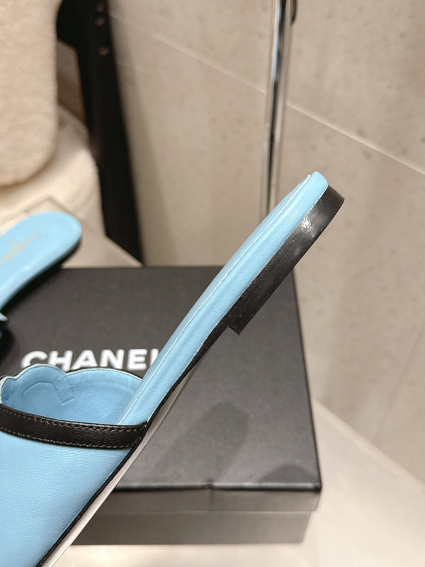 Chanel Double C Flat Slip-on Sandals Blue in Lambskin 740704