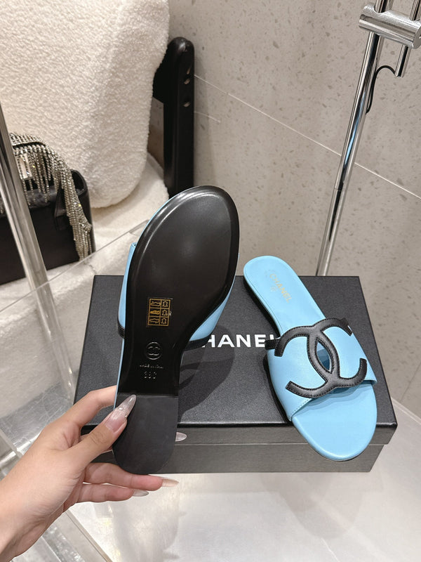 Chanel Double C Flat Slip-on Sandals Blue in Lambskin 740704