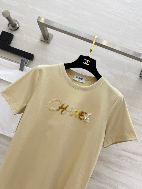 Chanel Sequin Letter T-Shirt Beige in Cotton 377550