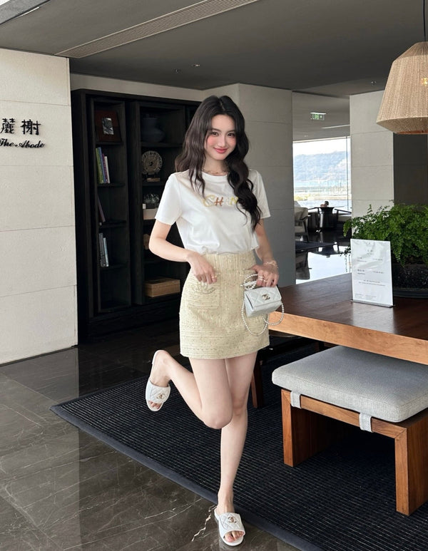 Chanel Sequin Letter T-Shirt White in Cotton 377548