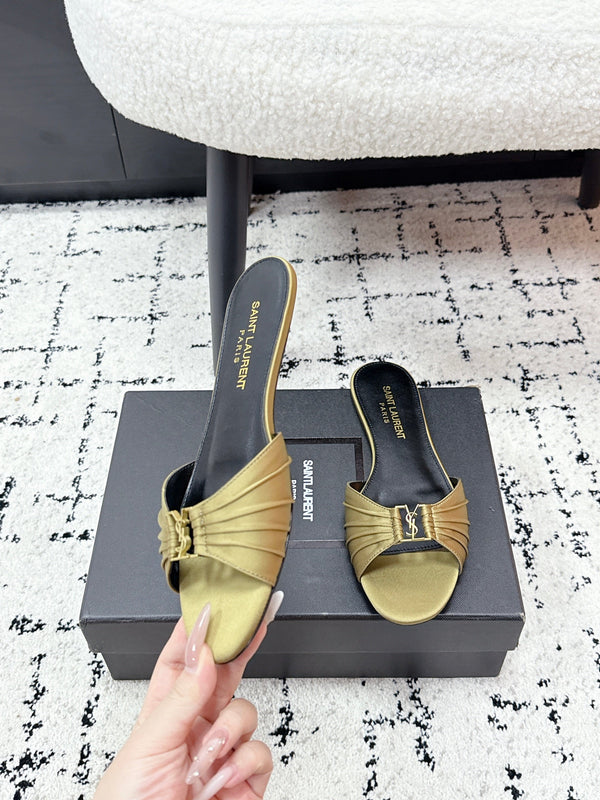YSL Babylone Slides Gold Champagne in Silk 743654