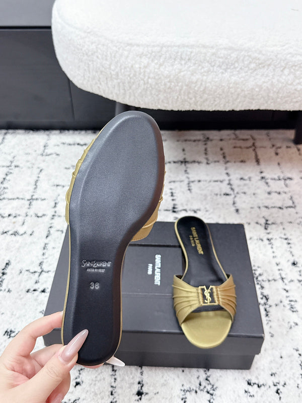 YSL Babylone Slides Gold Champagne in Silk 743654