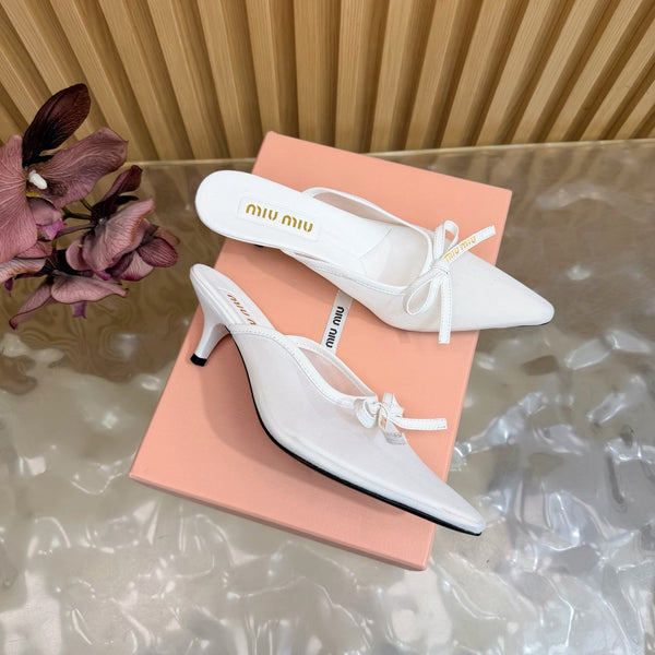 Miu Mules Pointed-Toe High Heels 55 White in Mesh 749065