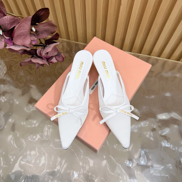 Miu Mules Pointed-Toe High Heels 55 White in Mesh 749065