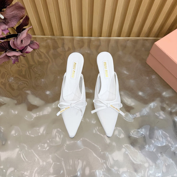 Miu Mules Pointed-Toe High Heels 55 White in Mesh 749065