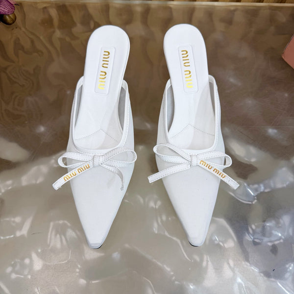Miu Mules Pointed-Toe High Heels 55 White in Mesh 749065