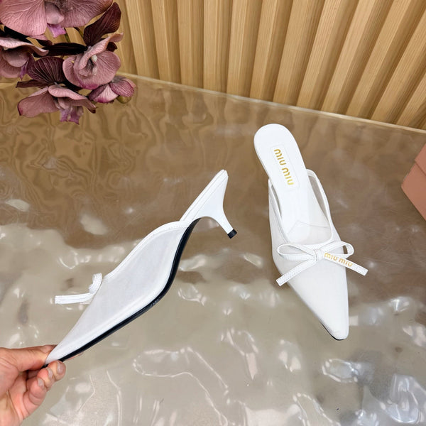 Miu Mules Pointed-Toe High Heels 55 White in Mesh 749065