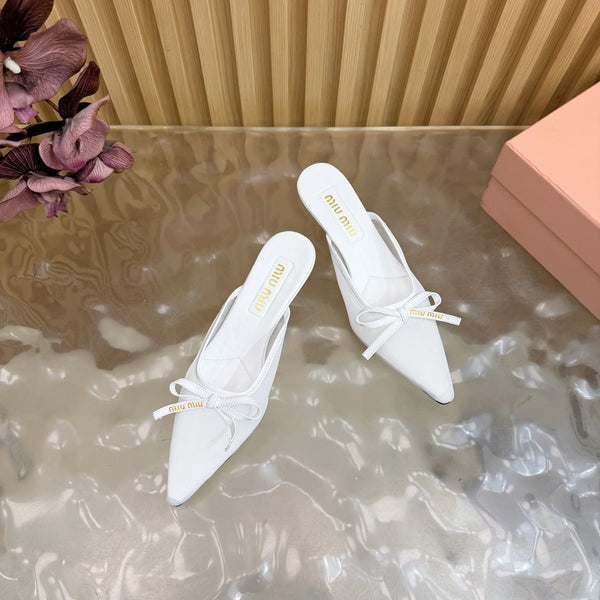 Miu Mules Pointed-Toe High Heels 55 White in Mesh 749065