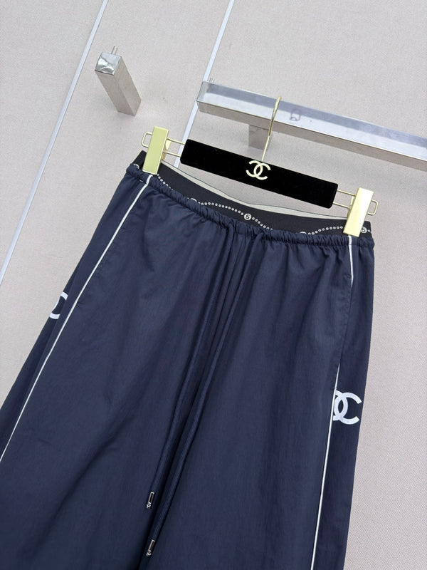 CC Double C Logo Printed Wide-leg Pants Navy Blue en Nylon 379604