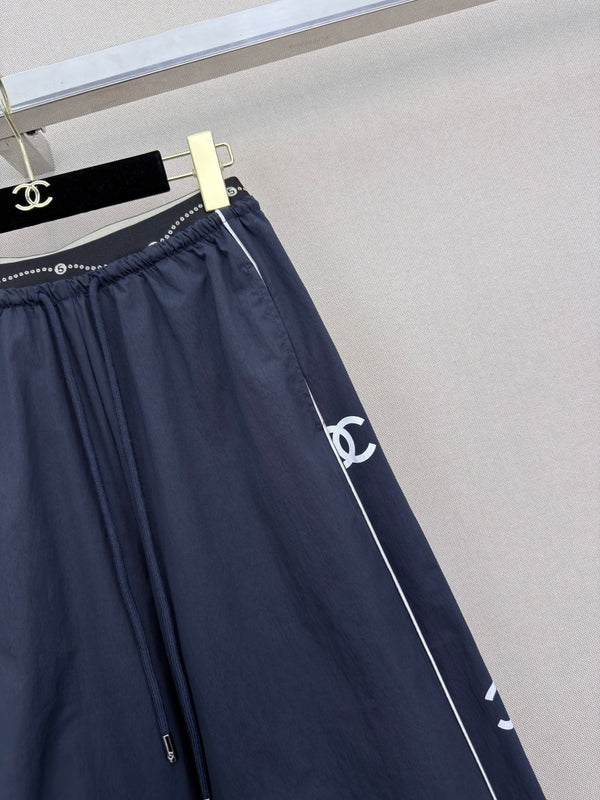 CC Double C Logo Printed Wide-leg Pants Navy Blue en Nylon 379604