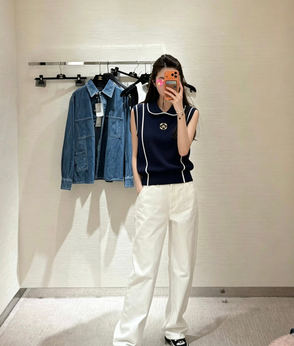 CC 26 Classic Preppy Vest Navy Blue in Wool Knitwear 379457
