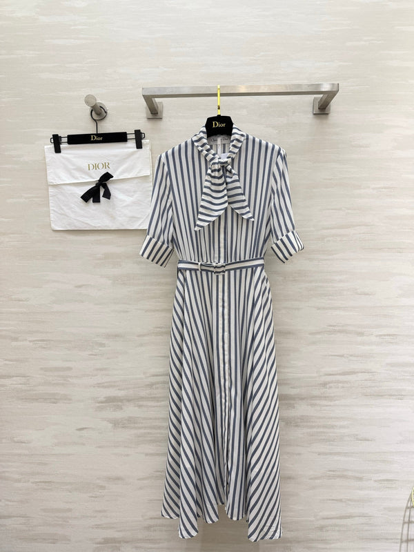 CD 26 Blue and White Striped Waist-Defining Dress in Cotton 379371