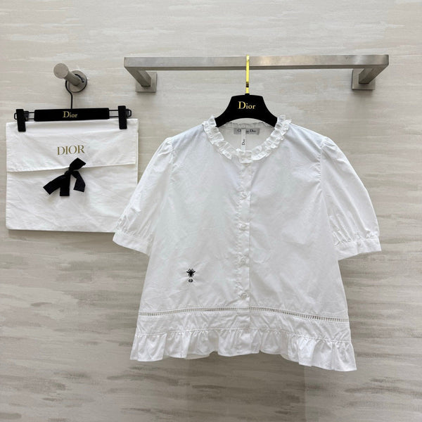 CD 26 Pure White Blouse with Ruffled Trim in Cotton 379288