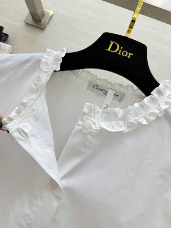 CD 26 Pure White Blouse with Ruffled Trim in Cotton 379288