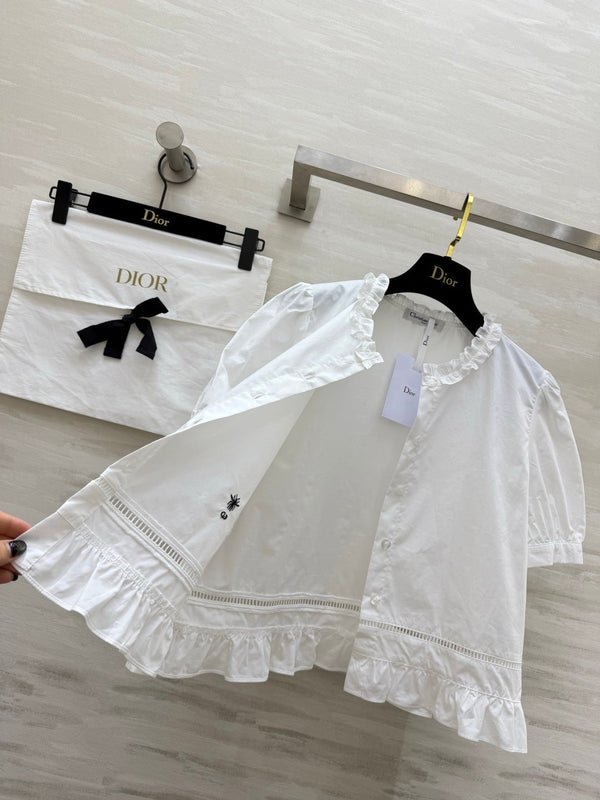 CD 26 Pure White Blouse with Ruffled Trim in Cotton 379288