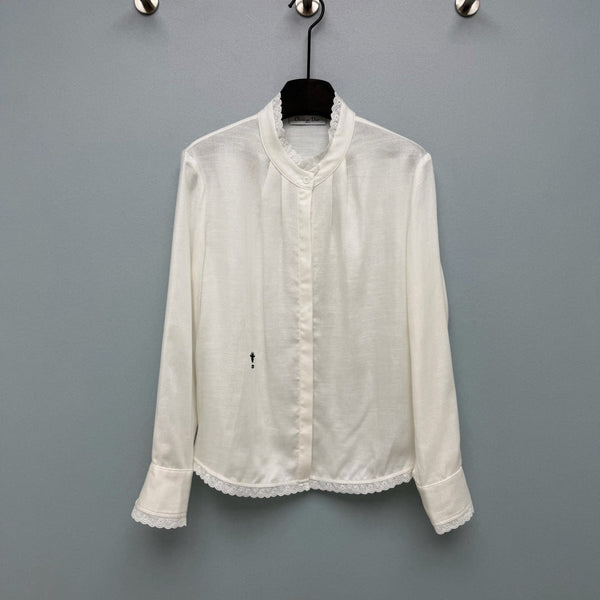 CD 26 Lace Stand Collar Shirt White in Cotton 379094