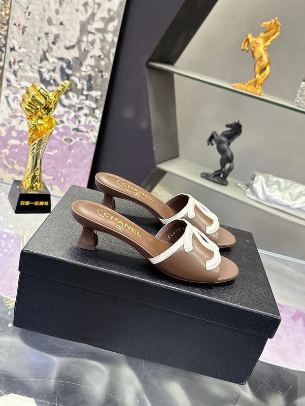CC Double C Logo Kitten Heel 25mm Sandals Brown in Leather 757851