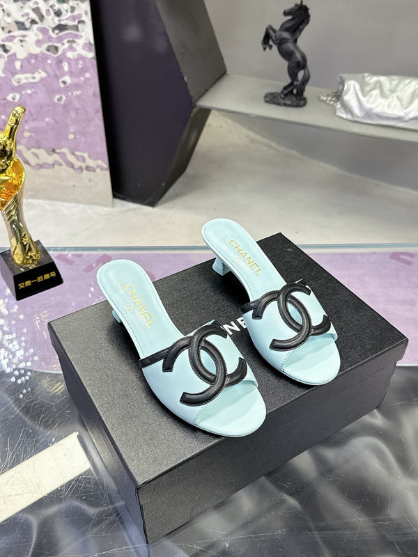 CC Double C Logo Kitten Heel 25mm Sandals Baby Blue in Leather 757854