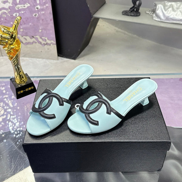 CC Double C Logo Kitten Heel 25mm Sandals Baby Blue in Leather 757854