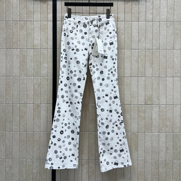 CC 26 Printed Flared Trousers White in Cotton 380161