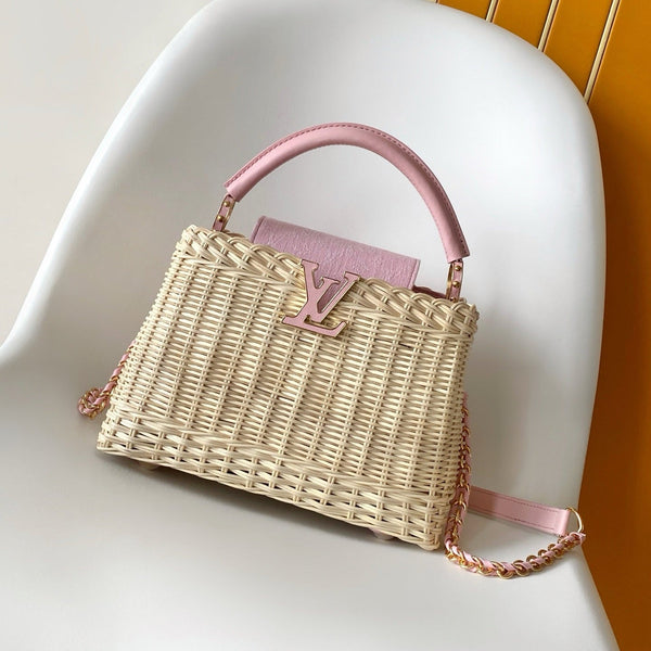 LV Capucines Mini Handbag Pink in Rattan and Cowhide leather 287165
