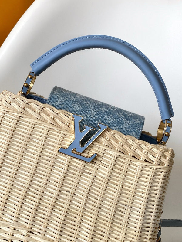 LV Capucines Mini Handbag Blue in Rattan and Cowhide leather 287162