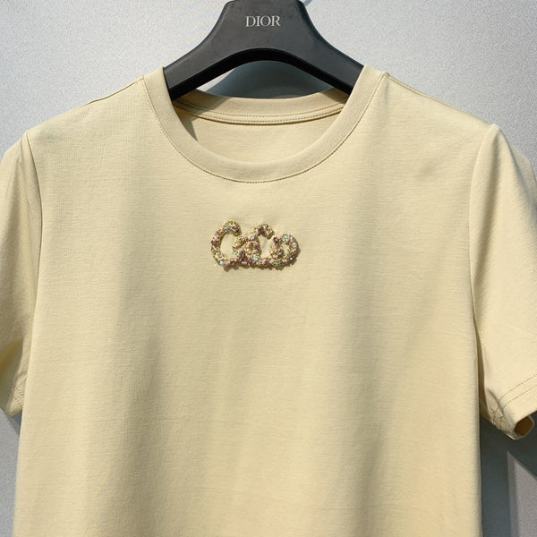 CC 26 Yellow Rhinestone Embellished Crew Neck Short-Sleeve T-Shirt in Cotton 381112
