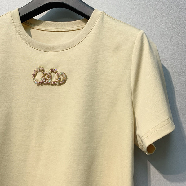 CC 26 Yellow Rhinestone Embellished Crew Neck Short-Sleeve T-Shirt in Cotton 381112