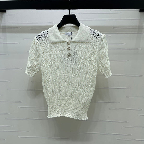 CC 26 Openwork Knit Short-Sleeve Top White in Wool Knitwear 380814