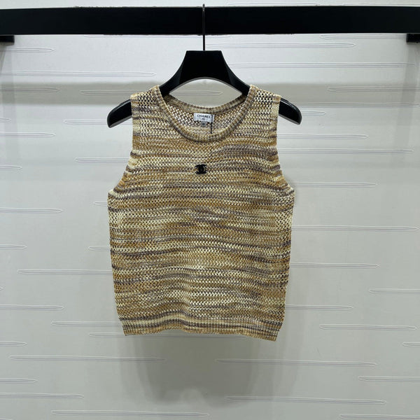 CC 26 Gradient Striped Hollow-Out Knit Vest Beige Gold in Nitrile Cotton