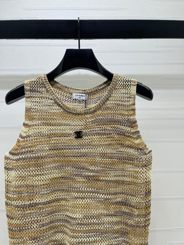 CC 26 Gradient Striped Hollow-Out Knit Vest Beige Gold in Nitrile Cotton