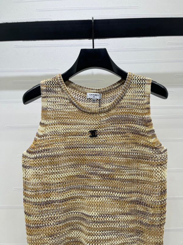 CC 26 Gradient Striped Hollow-Out Knit Vest Beige Gold in Nitrile Cotton