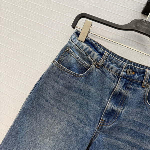 Loew Retro Washed Denim Cropped Blue Jeans in Cotton