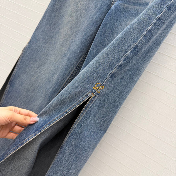 Loew Retro Washed Denim Cropped Blue Jeans in Cotton