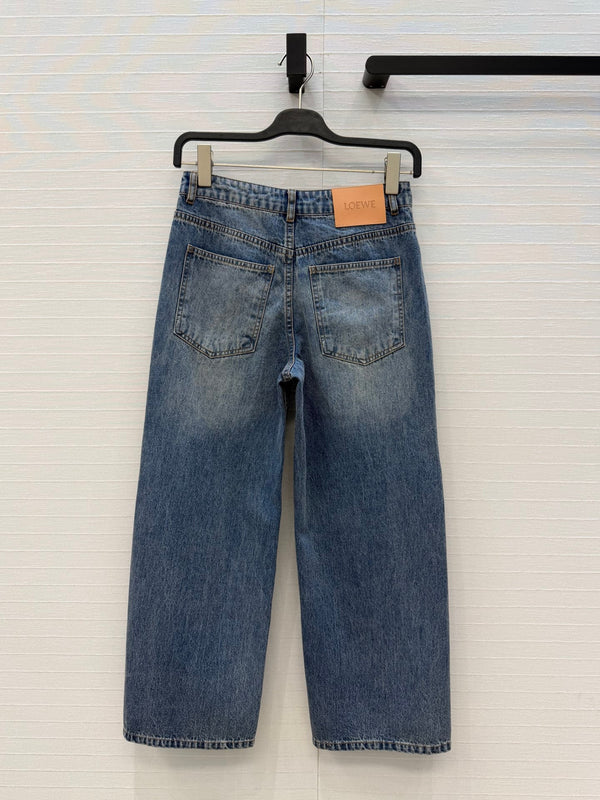 Loew Retro Washed Denim Cropped Blue Jeans in Cotton