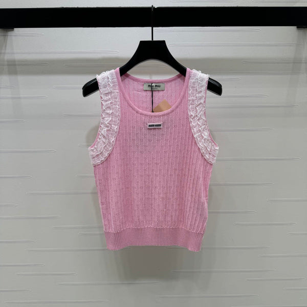 Miu 26 Lace-Neck Knit Vest Pink in Tencel 382103