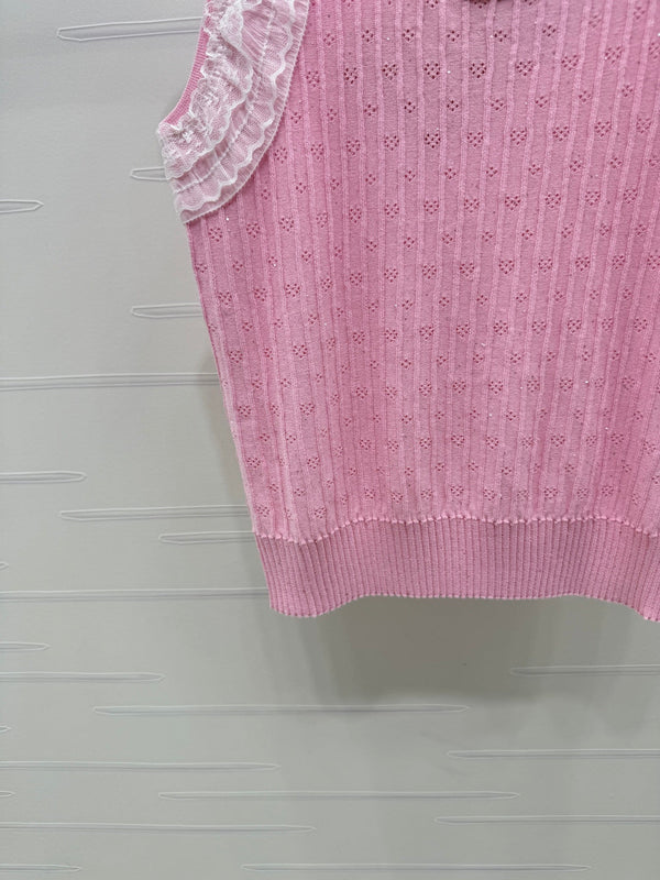 Miu 26 Lace-Neck Knit Vest Pink in Tencel 382103