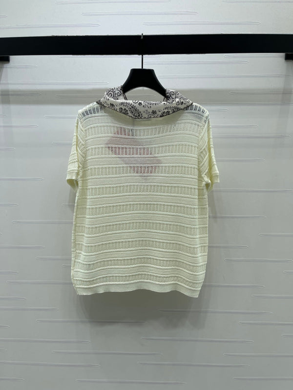 Miu 26 Crew Neck Knit Short-Sleeve T-Shirt with Scarf Design Cream in Wool
