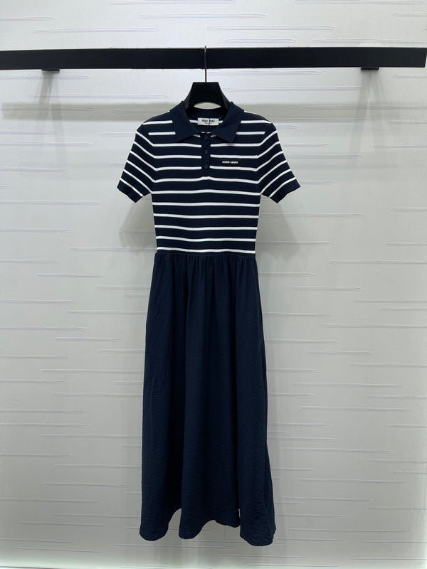 Miu 26 Collared Short-sleeved Dress Navy Blue in Polyester 380681