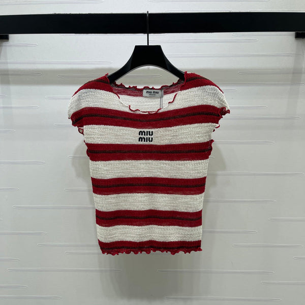 Miu 26 Color-blocked Striped Short-sleeved Top Red in Acrylic 380671